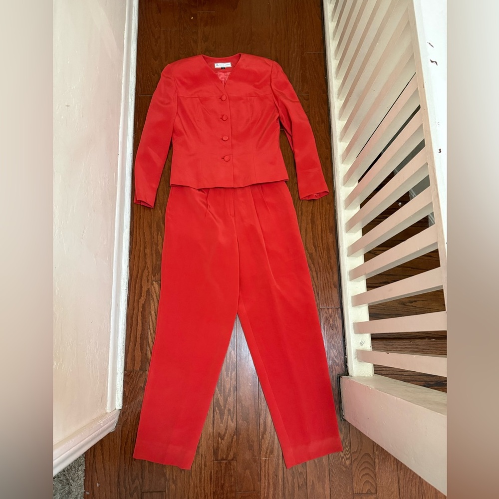 Travis‎ Ayers Womens Vintage 100% Silk 2 Piece Pant Suit Coral Red Size 8